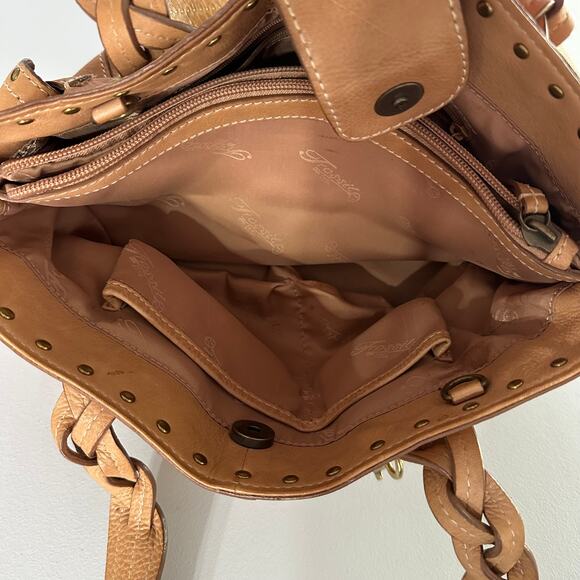 Fossil Tan Leather Shoulder Bag Satchel Studded Braided Handles w/ Key Charm - Picture 5 of 11